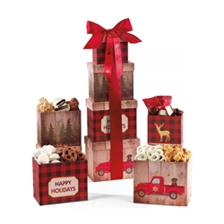Plaid Tidings Holiday Sweets & Treats Gourmet Tower corporate holiday gifts, employee appreciation gifts, business gifts, custom logo gifts, holiday food gift sets, holiday food tower, holiday party gifts, custom food gift sets