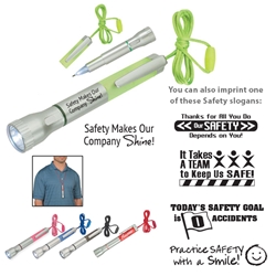 "Safety Makes Our Company Shine!" Flashlight With Light-Up Pen  Flashlight With Light-Up Pen, Flashlight, Light-Up, Light Up, Pen, Pens, Plastic, Ballpoint, Imprinted, Personalized, Promotional, with name on it, giveaway, black ink