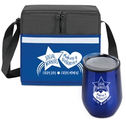 "Social Workers: Making A Difference Every Day, Every Moment" Goblet & Cooler Care Bundle  Social Workers theme, Social Work Month theme Lunch Bag Combo, Social Worker Appreciation Gift Combo, Cooler and Bottle Combo, Care Bundle, Break Pack, Social Worker Appreciation Gift Set, Theme, promotional products, scooler set, Lunch bag, Imprinted
