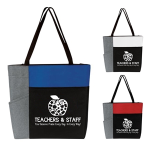 "Teachers & Staff You Deserve Praise Every Day in Every Way!" Color Block Pocket Zip Tote  