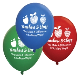 "Teachers & Staff: You Make a Difference In So Many Ways!" 11 inch Crystal Latex Balloons (Pack of 60 assorted)  Teachers, staff, Theme, Latex balloons, party goods, decorations, celebrations, round shaped balloons, promotional balloons, custom balloons, imprinted balloons