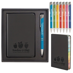 "Teachers & Staff: You Make a Difference In So Many Ways!" Rainbow Journal & Soft Pen Gift Set  Teacher, Staff, School, Theme Gift Set, Rainbow page, journal. Pen, set, laser, engraved, Journal and Pen Set, Imprinted, Personalized, Promotional, with name on it