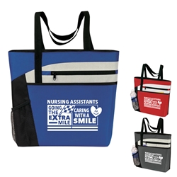 ""Nursing Asssitants: Going The Extra Mile...Caring with a Smile" Theme Bullet Zip Pockets Tote  CNA theme, Nursing Caring Team, Healthcare Theme, Bullet Tote, Tablet Tote, All Purpose, Prime, Polyester, Linen, Meeting, Signature, Zip, Promotional Events, Trade Show Bags, Health Fair, Imprinted, Tote, Reusable 