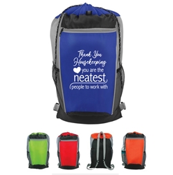 "Thank you Housekeeping...You Are The Neatest People to Work With" Tri-Color Drawstring Backpack  housekeeping theme, EVS theme, Environmental Services, theme, drawstring, backpack, tri-colored, drawstring backpack, Personalized, Promotional, with name on it, Gift Idea, Giveaway, novelty pen, promotional pen, fidget spinner pen