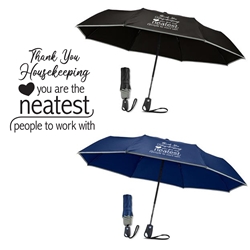 "Thank you Housekeeping...Youre The Neatest People to Work With!" 42" Auto Open Umbrella with Reflective Trim  Housekeeping theme, EVS theme, Environmental Services, theme, Housekeepers, Umbrella, Reflective, Safety, Safe, Personalized, with logo, imprinted, Auto Open, 