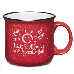 Thanks For All You Do...We Appreciate You! 15 Oz. Ceramic Campfire Mug  15 Oz. Campfire, Mug, Retro, Granite, Stoneware, Mug, Coffee, Cup, Desk, Beverage, colorful, with, handle,Imprinted, Personalized, Promotional, with name on it, Gift Idea, Giveaway, 