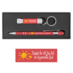 "Thanks For All You Do, We Appreciate You!" Executive Soft Touch Key Light and Pen Gift Set soft touch,  Pen, Mini Flash Light, Pen and flashlight Gift Set, Imprinted, Personalized, Promotional, with name on it