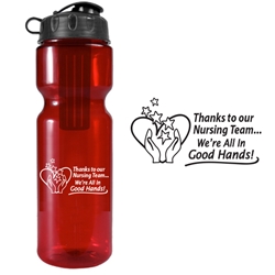 Thanks To Our Nursing Team Were All In Good Hands! Infuser Water Bottle  PETE, Nurses, Nursing, Theme water bottle, 28 oz infuser water bottle., Infuser, Infusion, Plastic, Sports, Bottle, Water Bottle, Water, Sports, Walk Events, Running event,  Imprinted, Personalized, Promotional, with name on it, Gift Idea, Giveaway,
