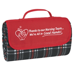 Thanks To Our Nursing Team Were All In Good Hands! Roll Up Picnic Blanket  Nursing Theme, Picnic Blanket, Roll Up Blanket, Outdoor Blanket, Roll Up Picnic Blanket, Imprinted, Personalized, Promotional, with name on it, Giveaway, Gift Idea