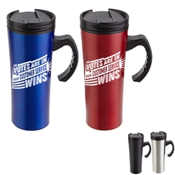 "The Votes Are In...Our Customer Service Wins" Outback 16 oz. Travel Mug Customer Service Theme Travel Mug, Customer Service Appreciation Travel Mug, Steel Travel Mug, Under $6 Travel Mug, bottle, promotional drinkware, custom vacuum insulated drinkware, employee wellness gifts, fitness promotional items