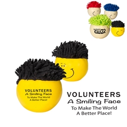 "Volunteers: A Smiling Face To Make The World A Better Place!" MopTopper Stress Reliever  Volunteer Stress Ball, Attitude, Smile, Mop Topper Stress Ball, Mop Head Stress Ball, Screen Cleaner Stress Ball, Microfiber Stress Ball, Smiley Stress Ball,  with imprint, customized, imprint, with name on it,  