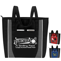 Volunteers: A Smiling Face To Make The World A Better Place! Prime Zip Tote  Volunteer Recognition Tote, Volunteer Theme Tote, All Purpose, Prime, Polyester, Linen, Meeting, Signature, Zip, Promotional Events, Trade Show Bags, Health Fair, Imprinted, Tote, Reusable 