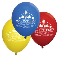 "Volunteers: Building Unity In Our Community" 9 inch Standard Latex Balloons (Pack of 60 assorted)  Volunteer Theme, Latex balloons, party goods, decorations, celebrations, round shaped balloons, promotional balloons, custom balloons, imprinted balloons