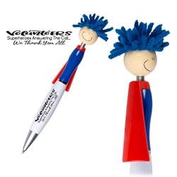 "Volunteers: Superheroes Answering The Call...We Thank you All!" Theme Moptopper Pen (Packs of 25)   Our Volunteers are Super Pen, Volunteer Pen, Superhero Pen, Pen with Cape, Hero Pen, Mop, Topper, Hair, Top, Smile, Pen, Stylus, Screen Cleaner, Pendant Pen, Pendant, Pen, Pens, Ballpoint, Aluminum, Imprinted, Personalized, Promotional, with name on it, giveaway, black ink