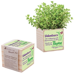"Volunteers Were Blooming With Appreciation For You!" Wooden Cube Blossom Kit Volunteer appreciation promotional flower planter set, volunteer theme, eco friendly promotional items, earth day giveaways, earth friendly giveaways, employee appreciation gifts, spring promotional products, gardening promotional items