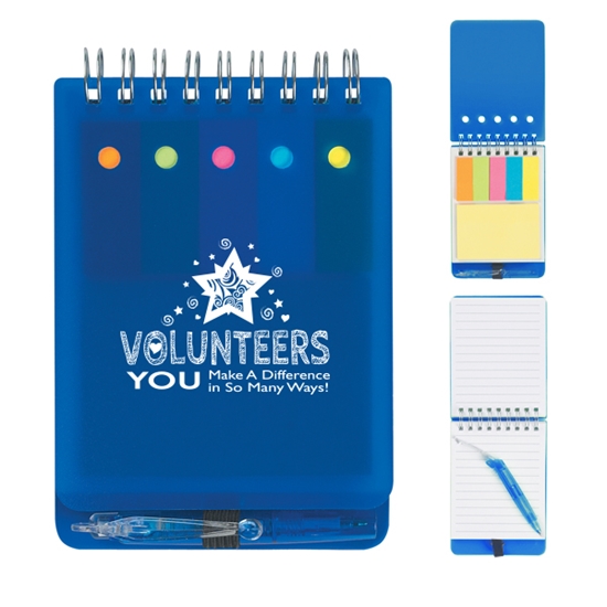 "Volunteers: You Make A Difference In So Many Ways!" Spiral Jotter With Sticky Notes, Flags & Pen   - VOL004