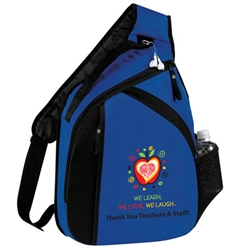 We Learn, We Love, We Laugh…Thank You (Or Welcome Back)  Teachers & Staff! Cross Laptop Mono Strap Backpack  All Purpose, nurses, teachers, staff, school, design, theme, Cross, Mono, Strap, Laptop, Backpack, Promotional, Imprinted, Polyester, Gift, Earphone Outlet, Organizer, Environmental Services,  