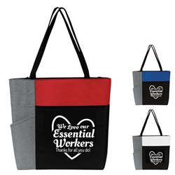 "We Love Our Essential Workers..Thanks For All You Do" Color Block Pocket Zip Tote   Essential Worker Appreciation, Employee Recognition, Tote, Recognition, Color, block, Zip, Multi-Function, Luggage Loop Tote Bag, tote, Imprinted, Travel, Custom, Personalized, Bag 