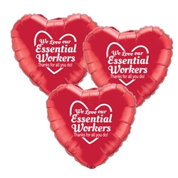 "We Love Our Essential Workers, Thanks For All You Do!" Red Heart Shaped Foil Balloons (Pack of 12)   Essential Workers, Appreciation, Week, Theme, Recognition, foil balloons, mylar, party goods, decorations, celebrations, round shaped balloons, promotional balloons, custom balloons, imprinted balloons