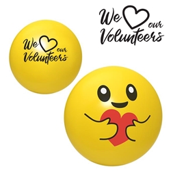 "We Love Our Volunteers" Emoji Hugging Stress Reliever  Volunteer theme Emoji stress balls, Volunteer Appreciation stress balls, emoji stress reliever, emoji hugging stress reliever, emoji stress ball with logo