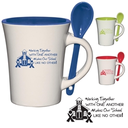 Working Together With One Another Makes Our School Like No Other! 8 oz. Blanco Spooner Mug 8 Oz. Blanco Spooner Mug, Teachers, Teacher, School, Staff, Assistants, 10 oz, Blanco, Spooner, Mug, Ceramic, with, removable, spoon, Coffee, Desk, Cup, Imprinted, Personalized, Promotional, with name on it, Gift Idea, Giveaway,, 