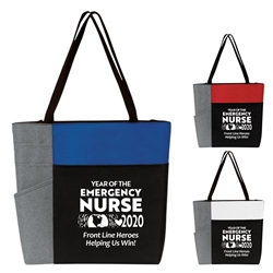 "Year of the Emergency Nurse 2020...Front Line Heroes, Helping Us Win!" Color Block Pocket Zip Tote   Emergency Nurses Week, theme tote, ER Nurses Appreciation Tote, Recognition, Color, block, Zip, Multi-Function, Luggage Loop Tote Bag, tote, Imprinted, Travel, Custom, Personalized, Bag 