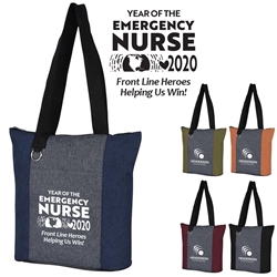 "Year of the Emergency Nurse 2020...Front Line Heroes, Helping Us Win!" Heathered Fun Tote Bag   Emergency Nurses Theme Tote, ER Nurses Tote, Healthcare Appreciation, Theme tote, Skilled Nursing,  Appreciation Tote, Volunteer Recognition Tote, 210D Polycanvas Tote, Fun, Heathered, Tote Bag, Colorful, Tote, Bag, Imprinted, Personalized, Promotional, with name on it, Giveaway, Gift Idea