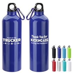 "Year of the Trucker...Thank You for Kicking Ass During the Pandemic!" Atrium 25 oz Aluminum Bottle with Carabiner  Truck Driver, Trucker, Appreciation, Recognition, Employee Recognition Bottle, Aluminum, Carabiner, Water Bottle, Sport Bottle, imprinted sport bottle, promotional, custom printed copper bottle, customized copper bottle, promotional drinkware, custom printed bottle, personalized stainless bottle