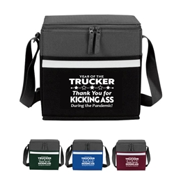 "Year of the Trucker...Thank You for Kicking Ass During the Pandemic!" Two-Tone Accent 12-Pack Cooler  Trucker, Truckers, appreciation, recognition, lunch cooler, gifts, two tone, cooler, accent, lunch bag, 12 pack cooler, Promotional, Imprinted, Polyester, Travel, Custom, Personalized, Bag 