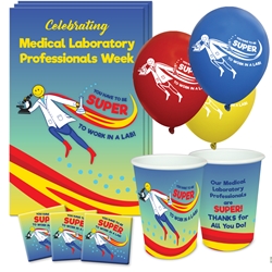 "You Have To Be Super To Work In A Lab!" Party Pack Poster, Buttons, Pens, Cups, Celebration Pack, Medical Laboratory Week theme, Celebration, Party, Pack
