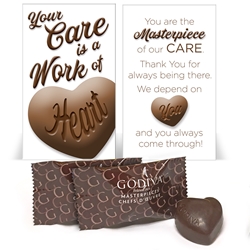 "Your Care Is A Work of Heart" Godiva Chocolate Mini Care Package Nursing, Nurses, Appreciation, treat, Heart Chocolates, NAs, CNAs, Caring Team, Caring, treat, chocolate bar treat set, Employee Treat Giveaway, Employee Appreciation Candy Kit